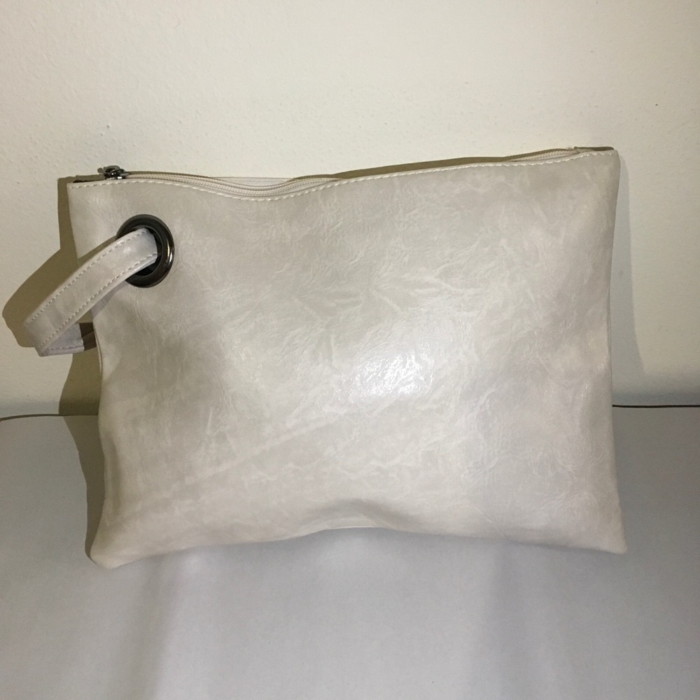 Taupe clutch bag.